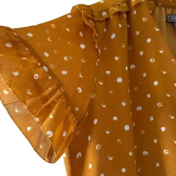 J. Crew Point Sur V Neck Flutter Sleeves Mustard Marigold Ivory Polka SZ S #2192 - Picture 4 of 14